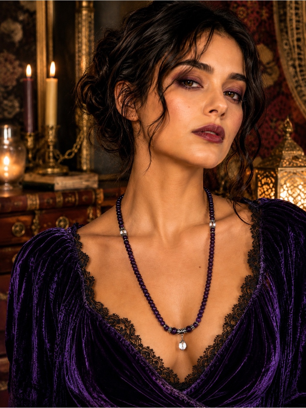 Lia Sophia Purple Beaded Necklace | Crystal Accent Pendant Necklace